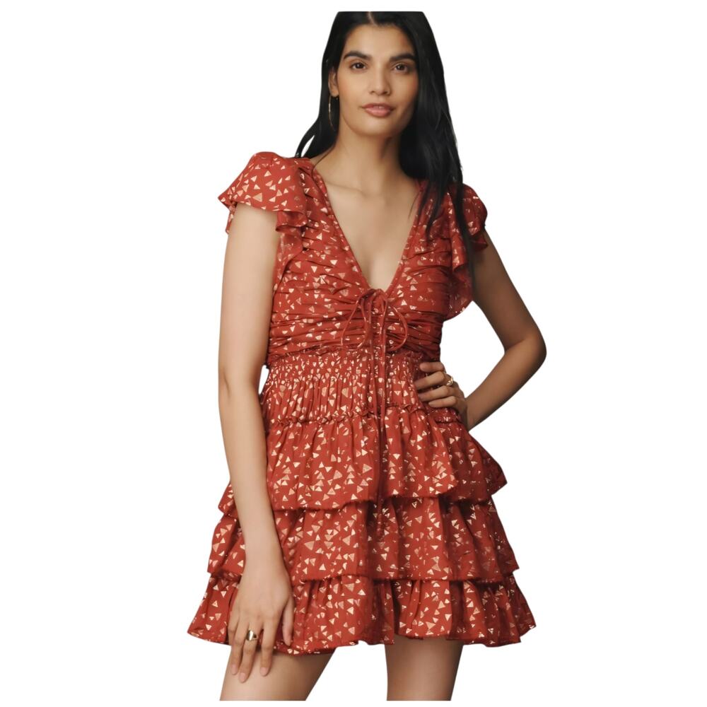By Anthropologie Short Sleeve Ruffled Mini Dress in Garnet sz L NWT Metallic